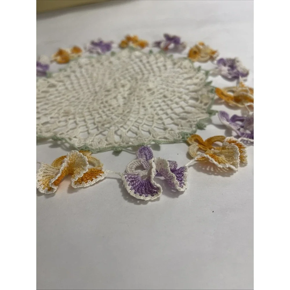 Vintage Pansy Crochet Doily Coaster Purple & Orange‎ Flowers Grandma Core Home
